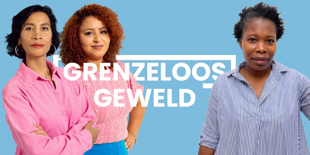 Drie sprekers van het event op 25 november met de tekst Grenzeloos Geweld op een blauwe achtergrond.