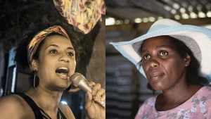 Marielle Franco (links) met een microfoon tijdens een speech van haar en Nokothula Mabaso (rechts) met een mooie brede hoed en blouse met bloemenpatroon.